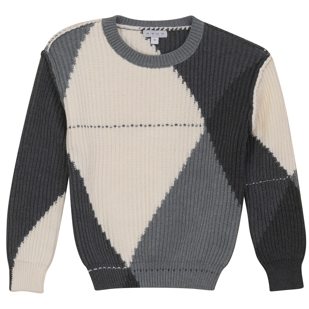 ROVER-COLOR BLOCKED ARGYLE SWEATER-GREY/CREAM