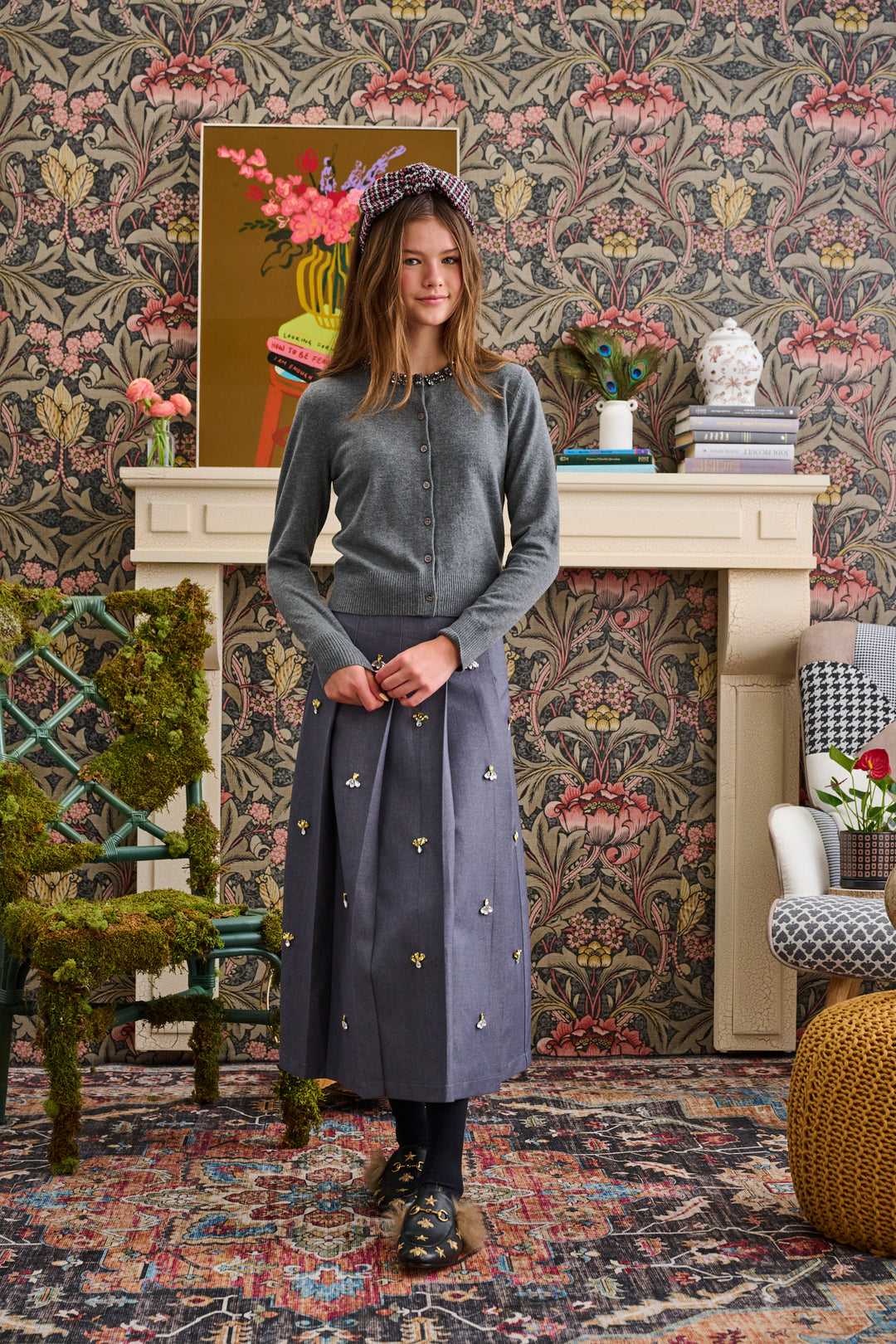 T-1091-GREY WOOL W/ STONES THROUGHOUT A-LINE SKIRT