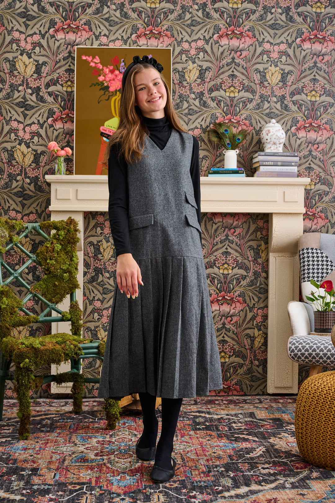 T-1133-B-GREY HERRINGBONE POCKET PLEATED JUMPER