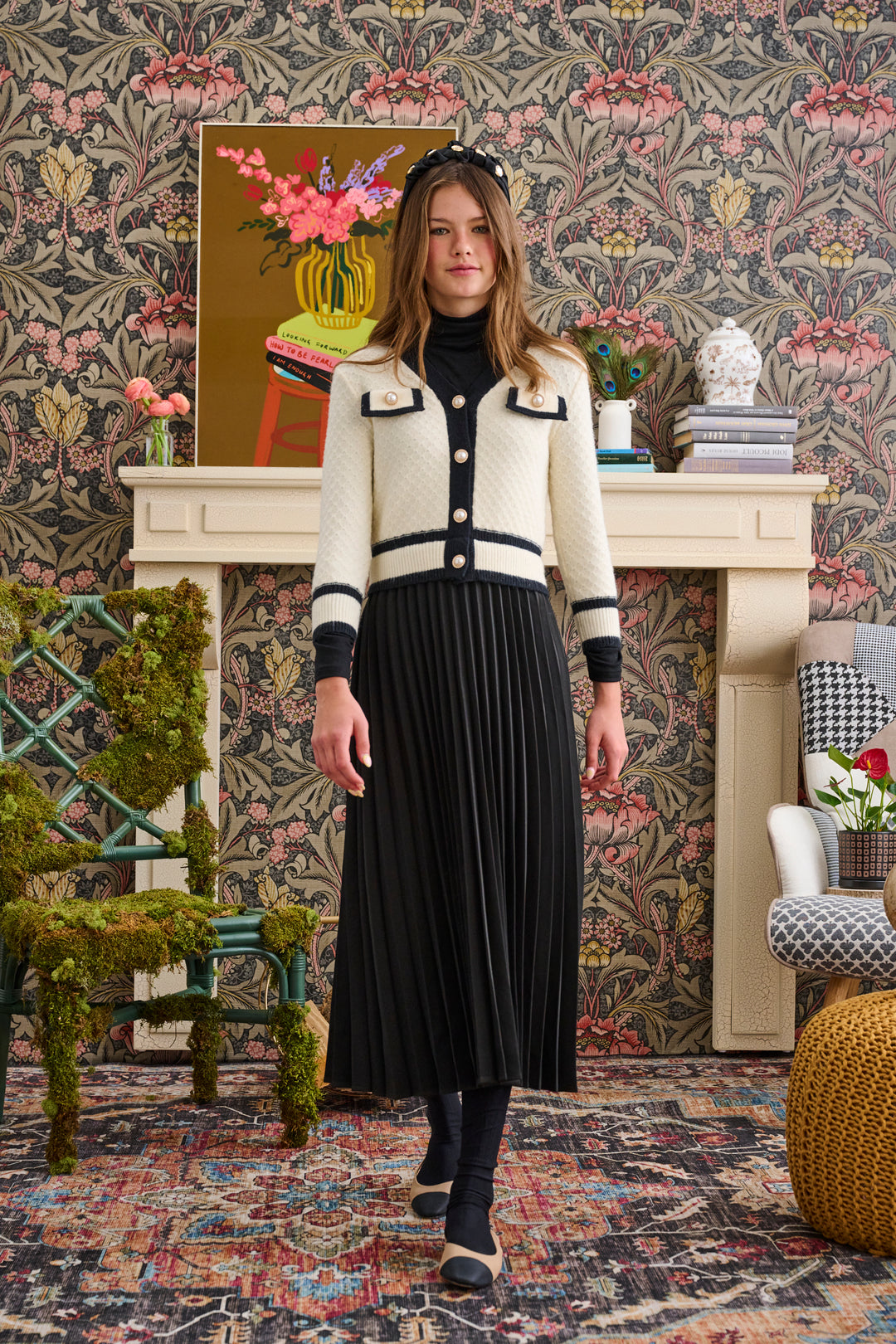 T-1156-CREAM KNIT CARDIGAN WITH BLACK PLEATED LOWER DRESS