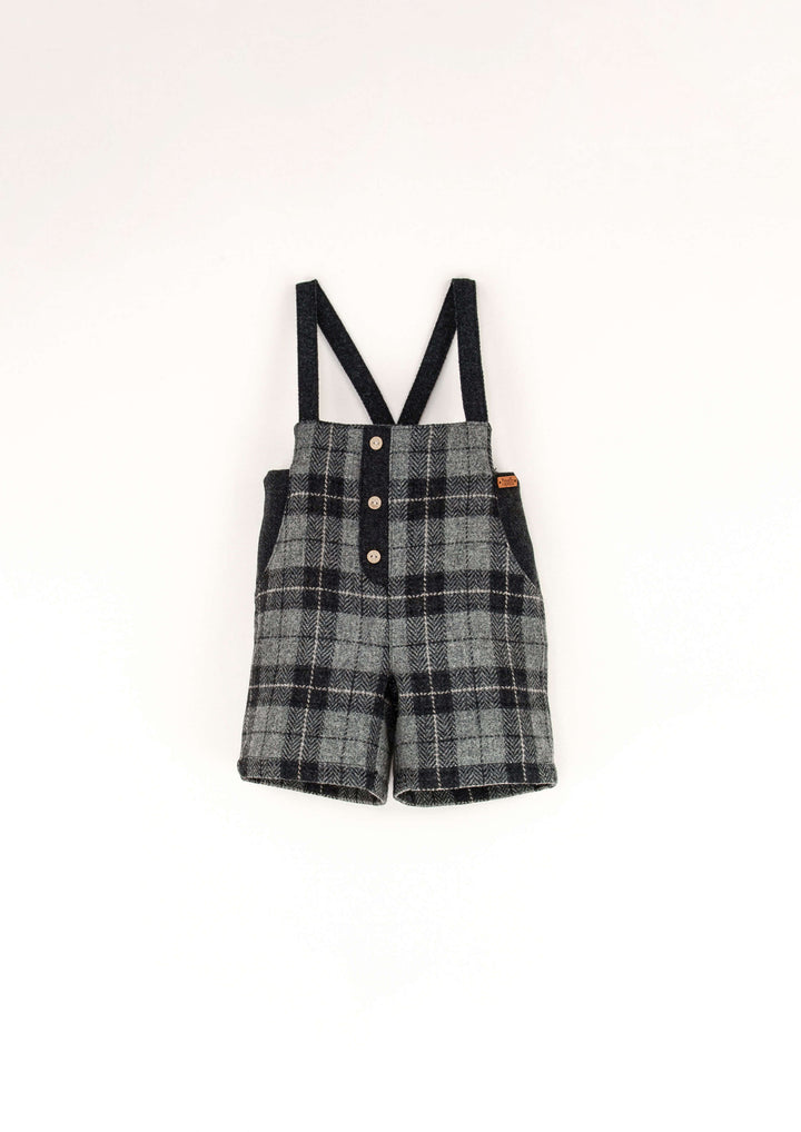 9.1-GREY CHECK WOOLEN SHORT DUNGAREES W/ STRAPS