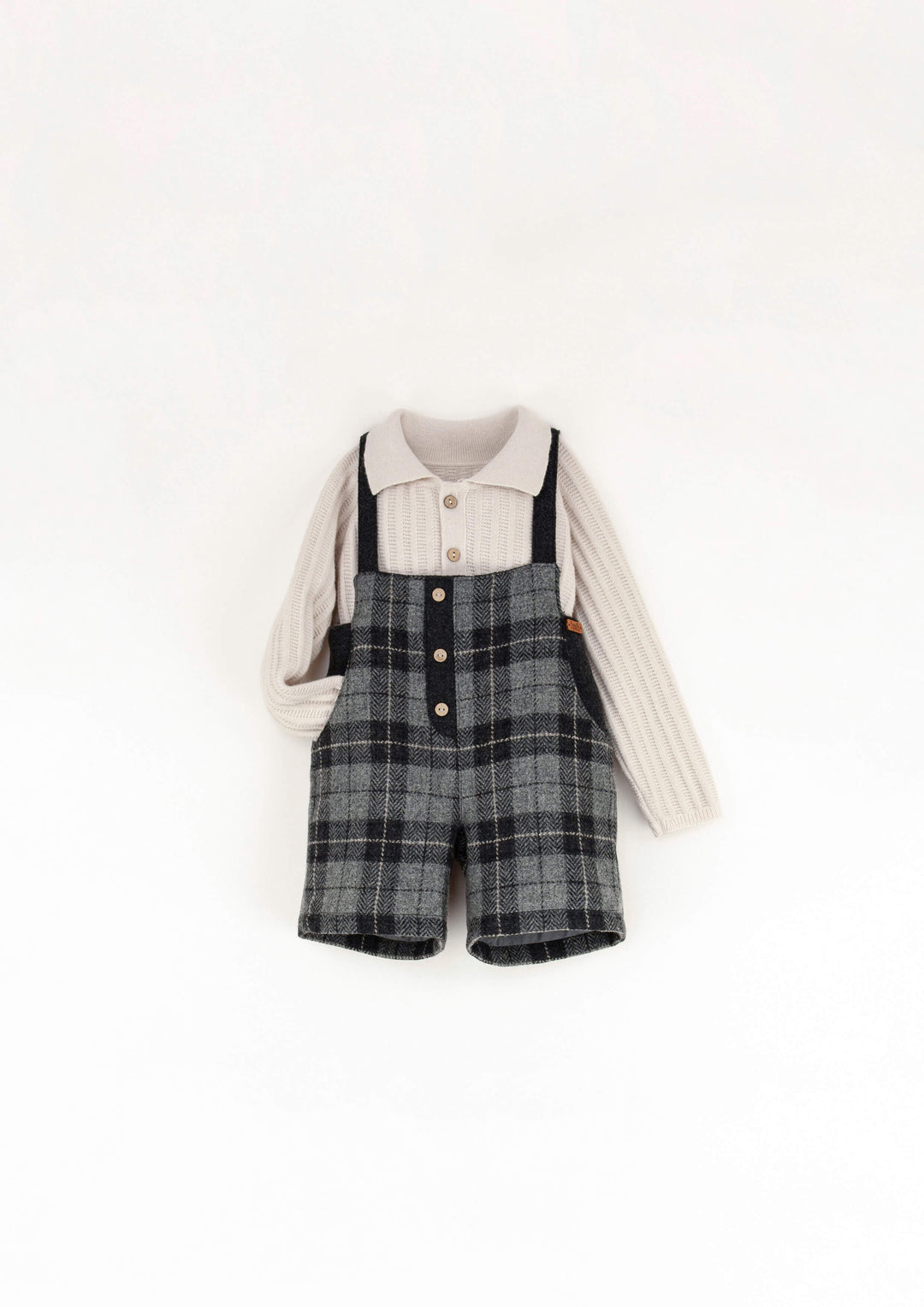 9.1-GREY CHECK WOOLEN SHORT DUNGAREES W/ STRAPS
