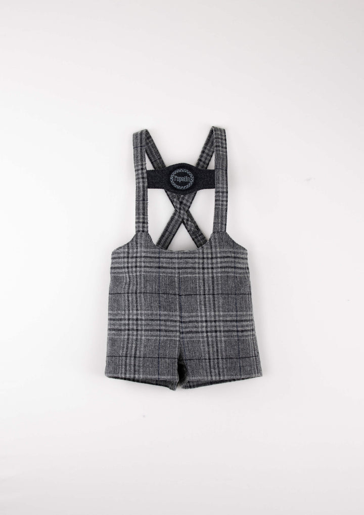 Mod.9.5 Grey plaid woollen short dungarees with embroidery appliqué