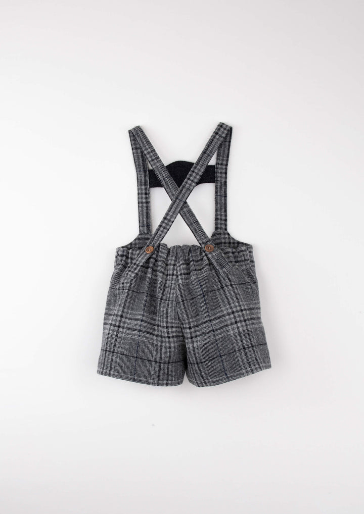 Mod.9.5 Grey plaid woollen short dungarees with embroidery appliqué