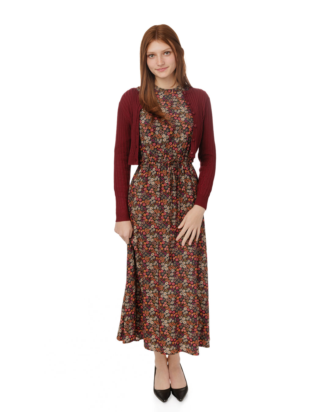 TW5715D-A-Multicolored Floral Dress With Rust Brown Cardigan