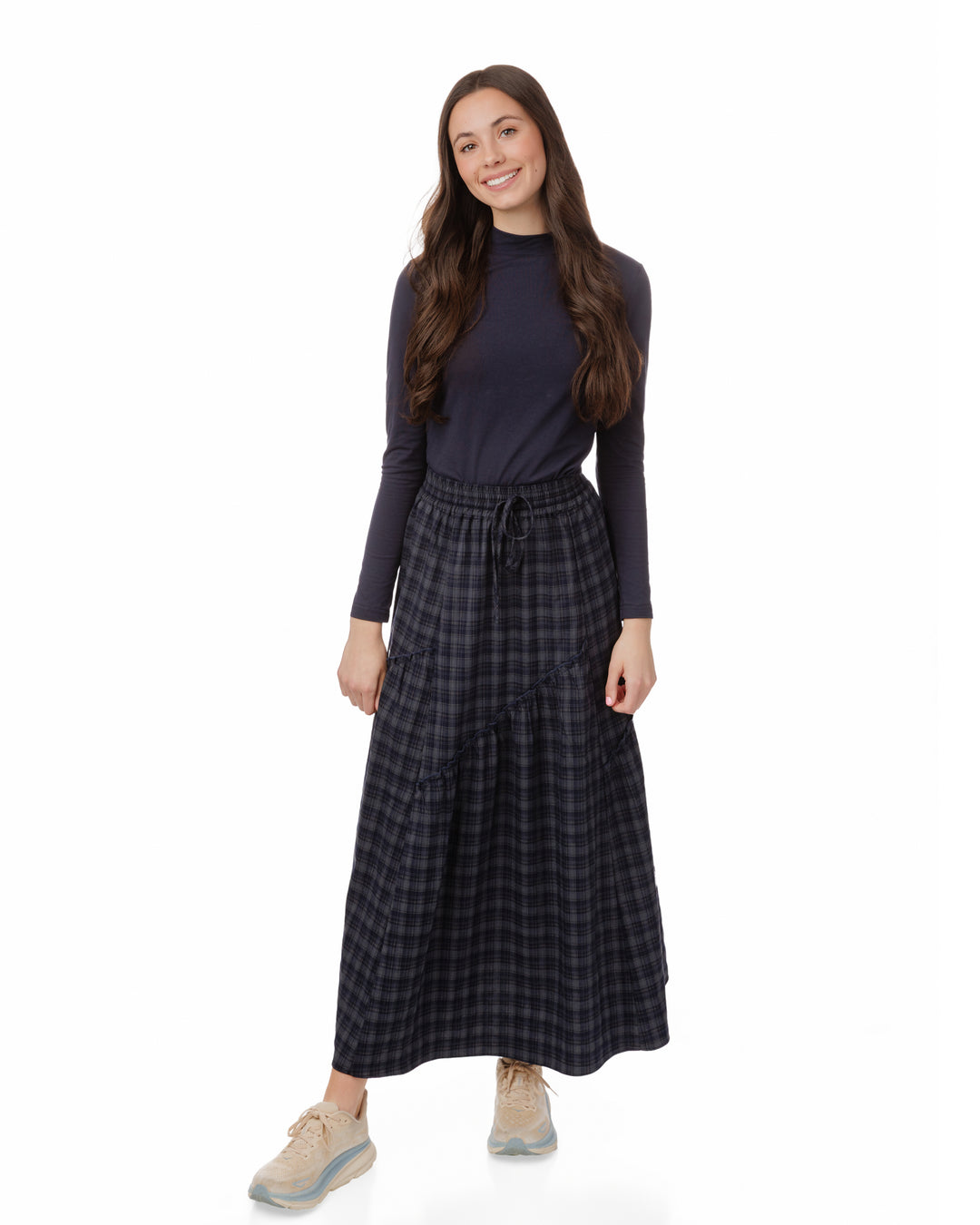 TW5869S-A-Plaid Skirt With Ruffle - Navy