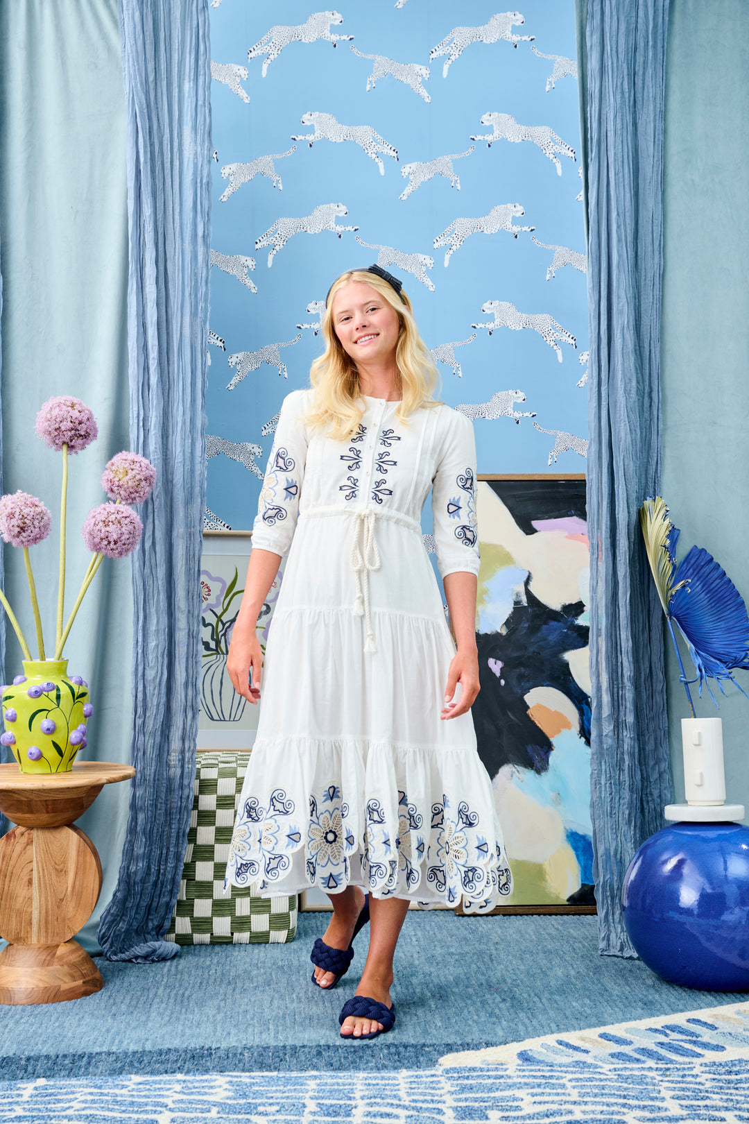 T-1017-WHITE COTTON W/NAVY/IVORY EMBROIDERY DRESS