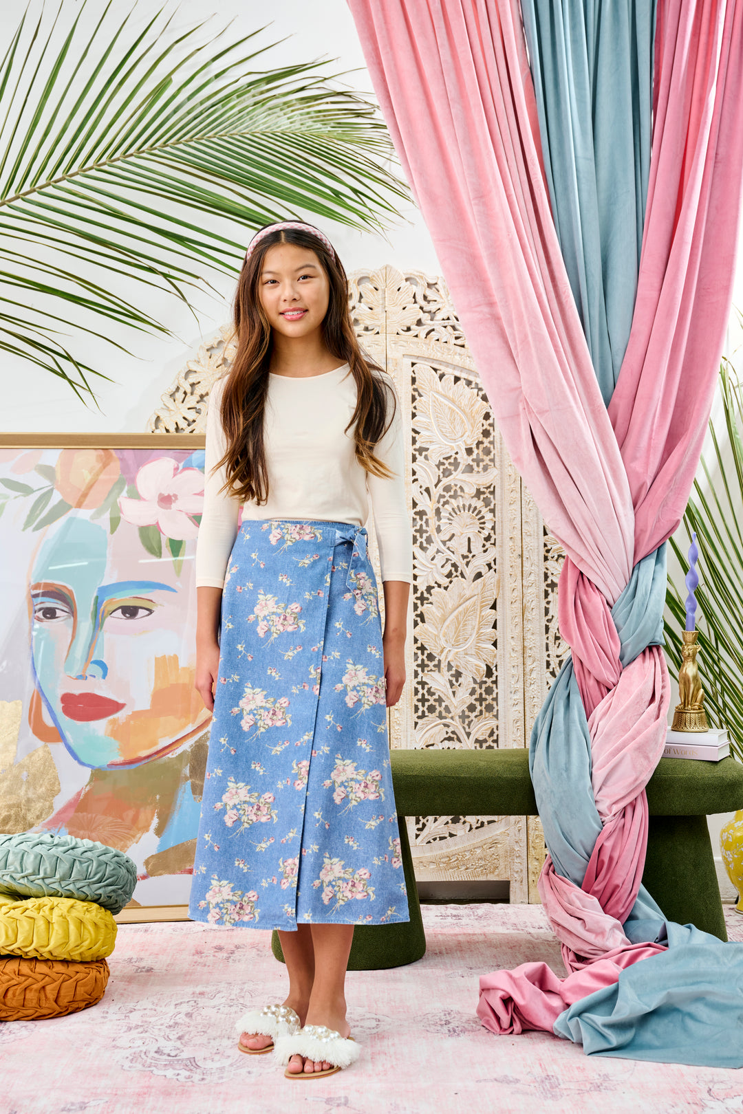 T-1069-DENIM W/FLORAL PRINT WRAP SKIRT
