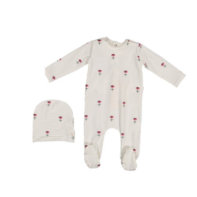 Daisy Print Footie/BEANIE SET-Pink