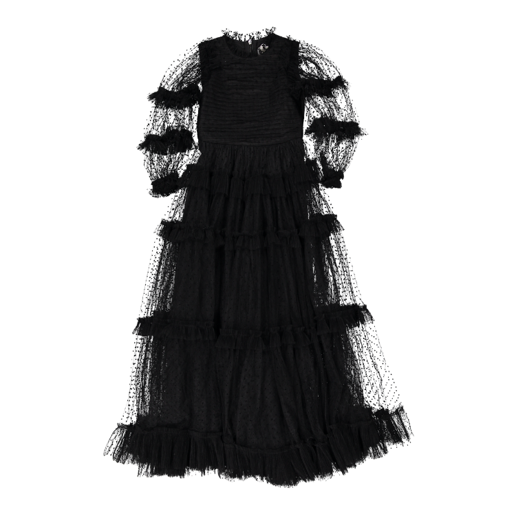 AW1136-Tulle Pleated Frill Dress-Black 4Y