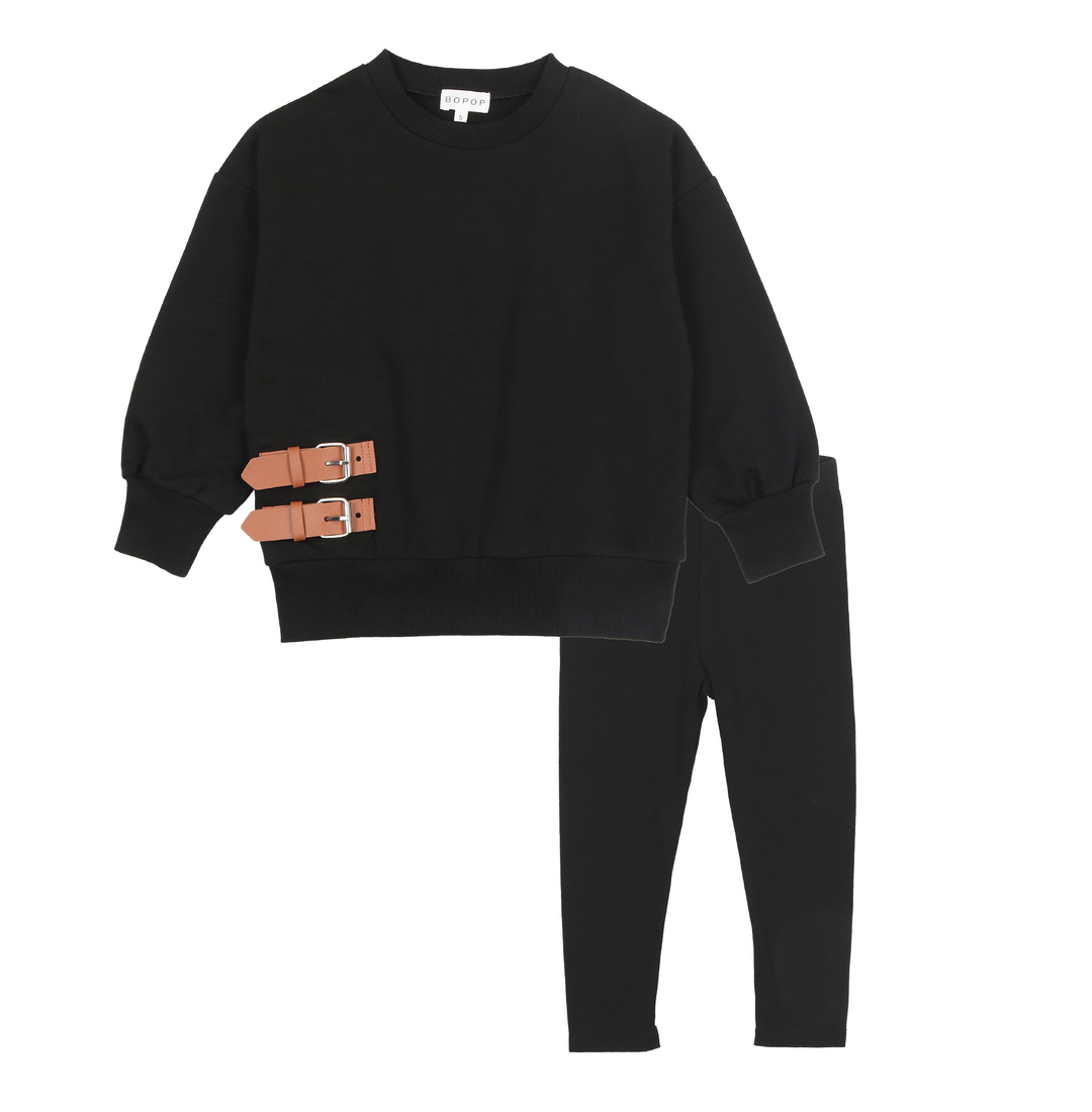 V623-BUCKLE COLLECTION BLACK-BABY SET (SWEATSHIRT AND LEGGINGS)