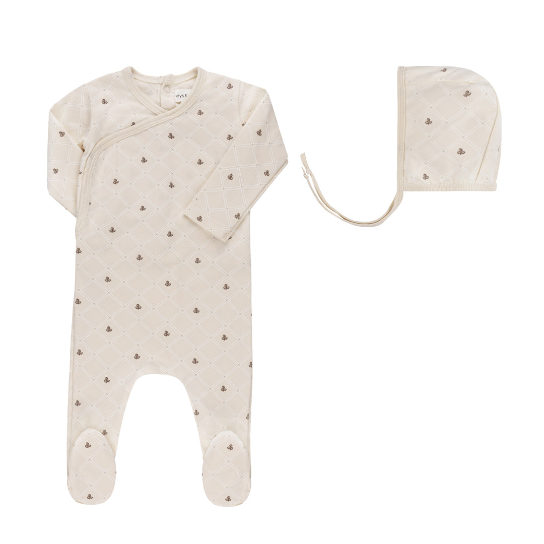 FLORAL GRID COLLECTION-FOOTIE/BONNET SET-Ivory/Leaf