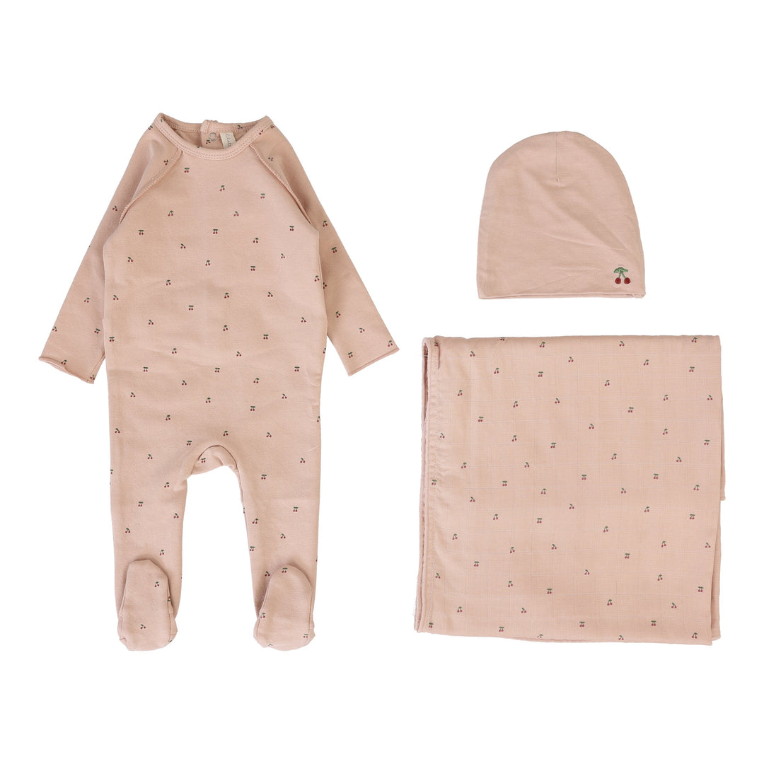 Cherry Print Layette Set-Dusty Pink
