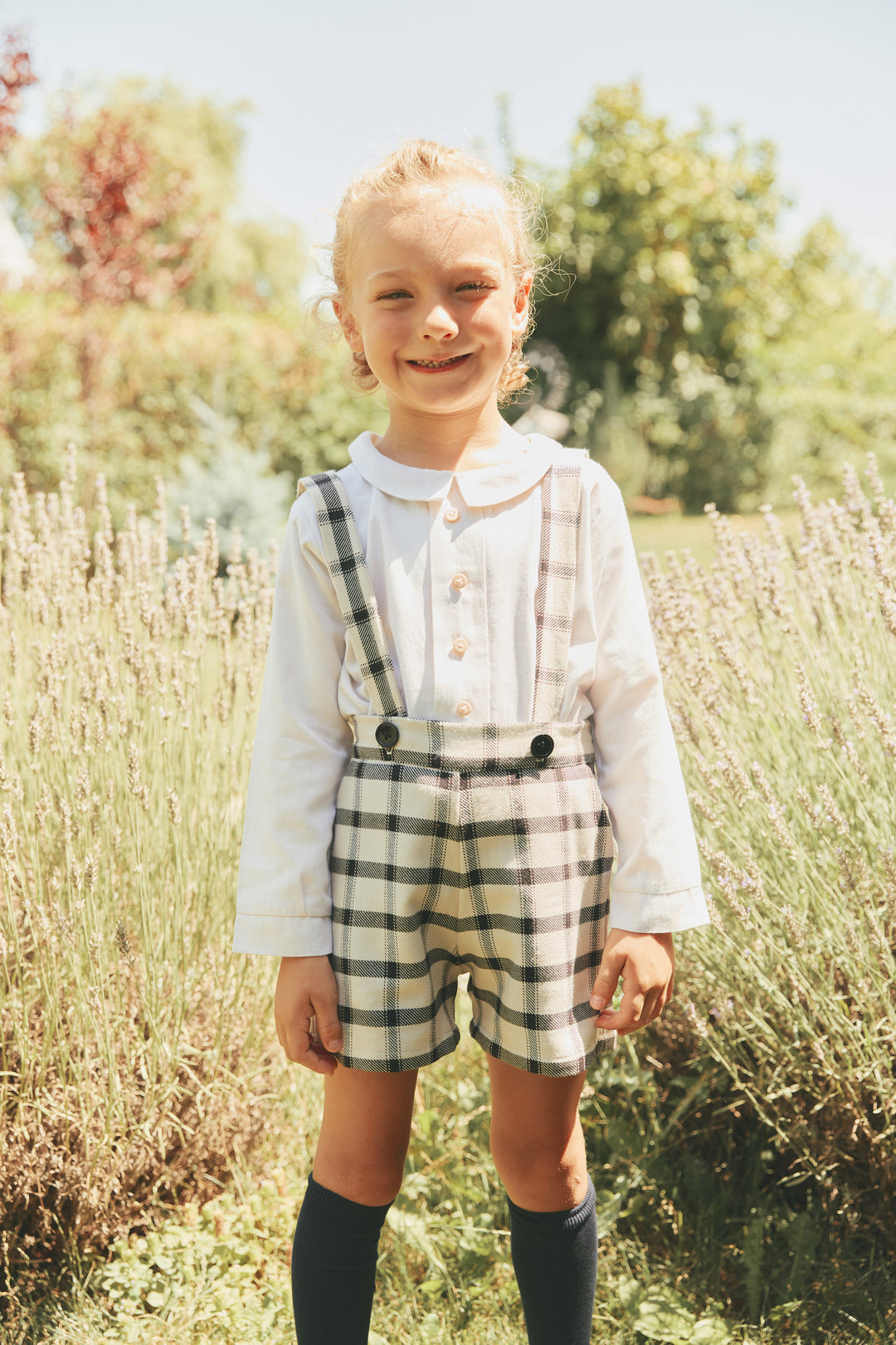 CLEMENT SHORT  PANTS IN BEIGE WITH BLACK PLAIDS AND SUSPENDERS