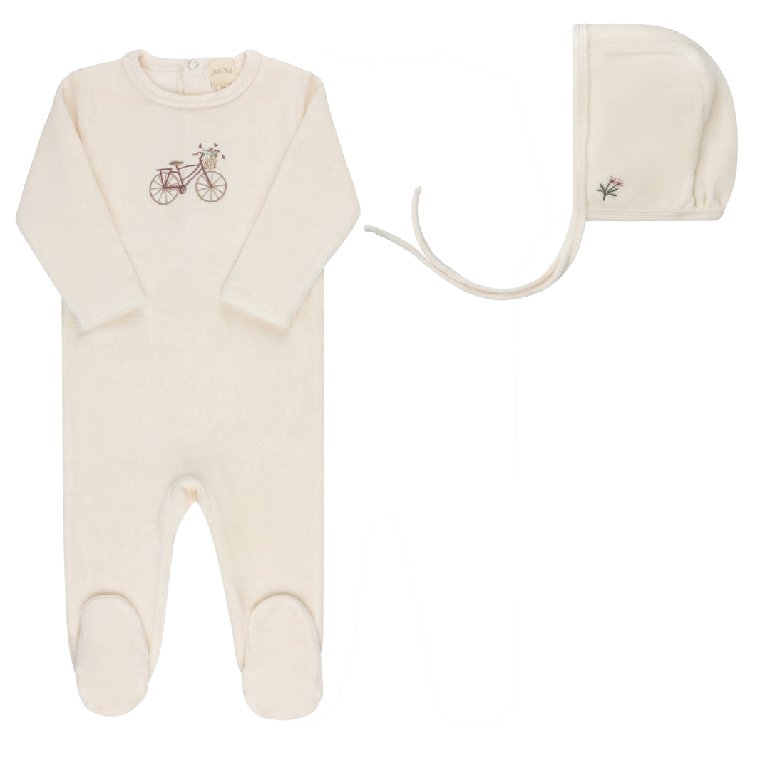 Velour Bicycle Collection-Ivory/Girl-Footie/Bonnet Set