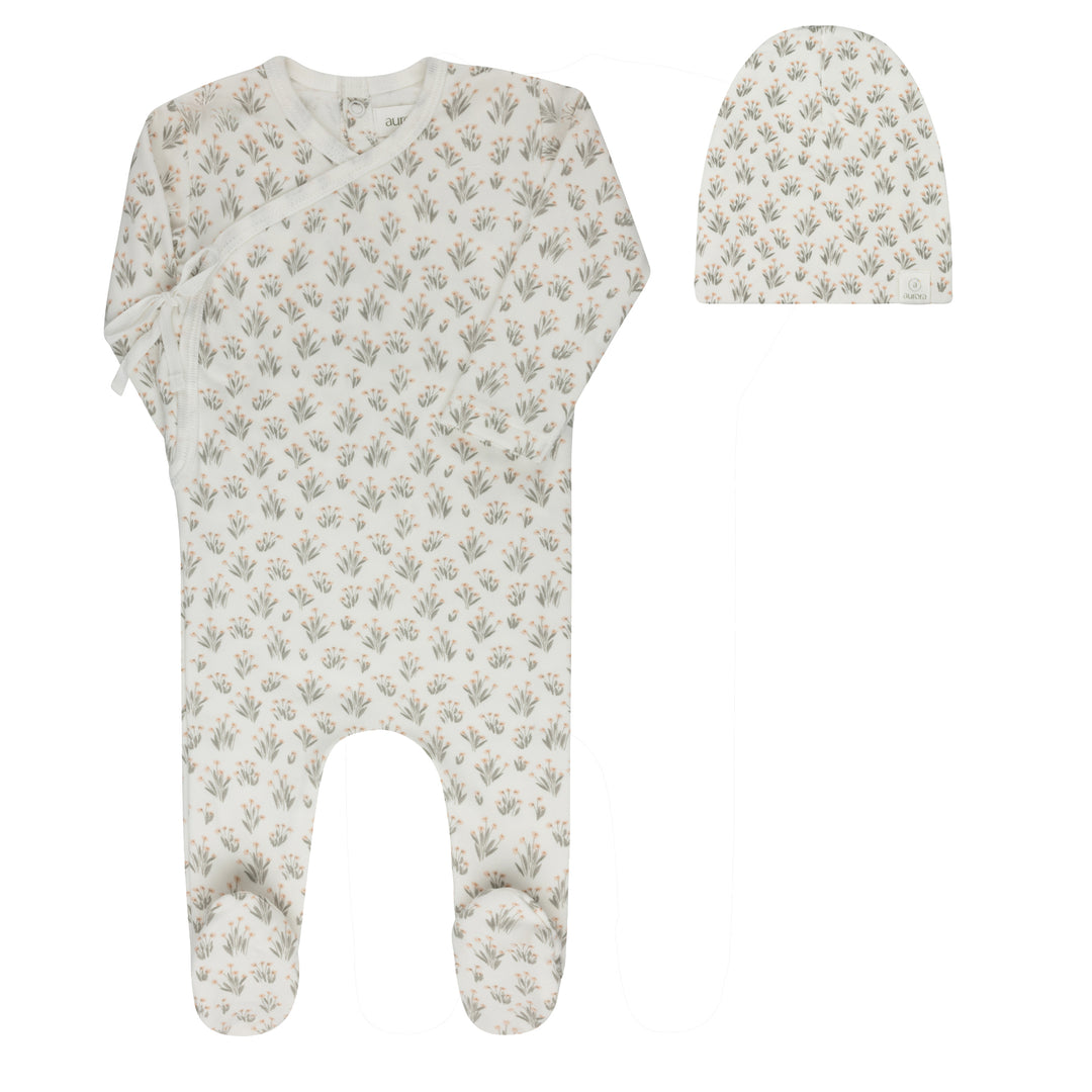 French Terry Blooms Collection-Ivory/Mauve-Footie/Beanie Set
