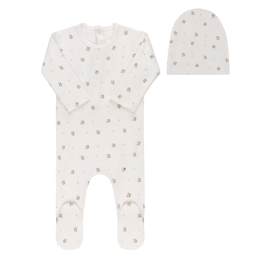 FLORAL PRINT COLLECTION-FOOTIE/BEANIE SET-Ivory/Sage