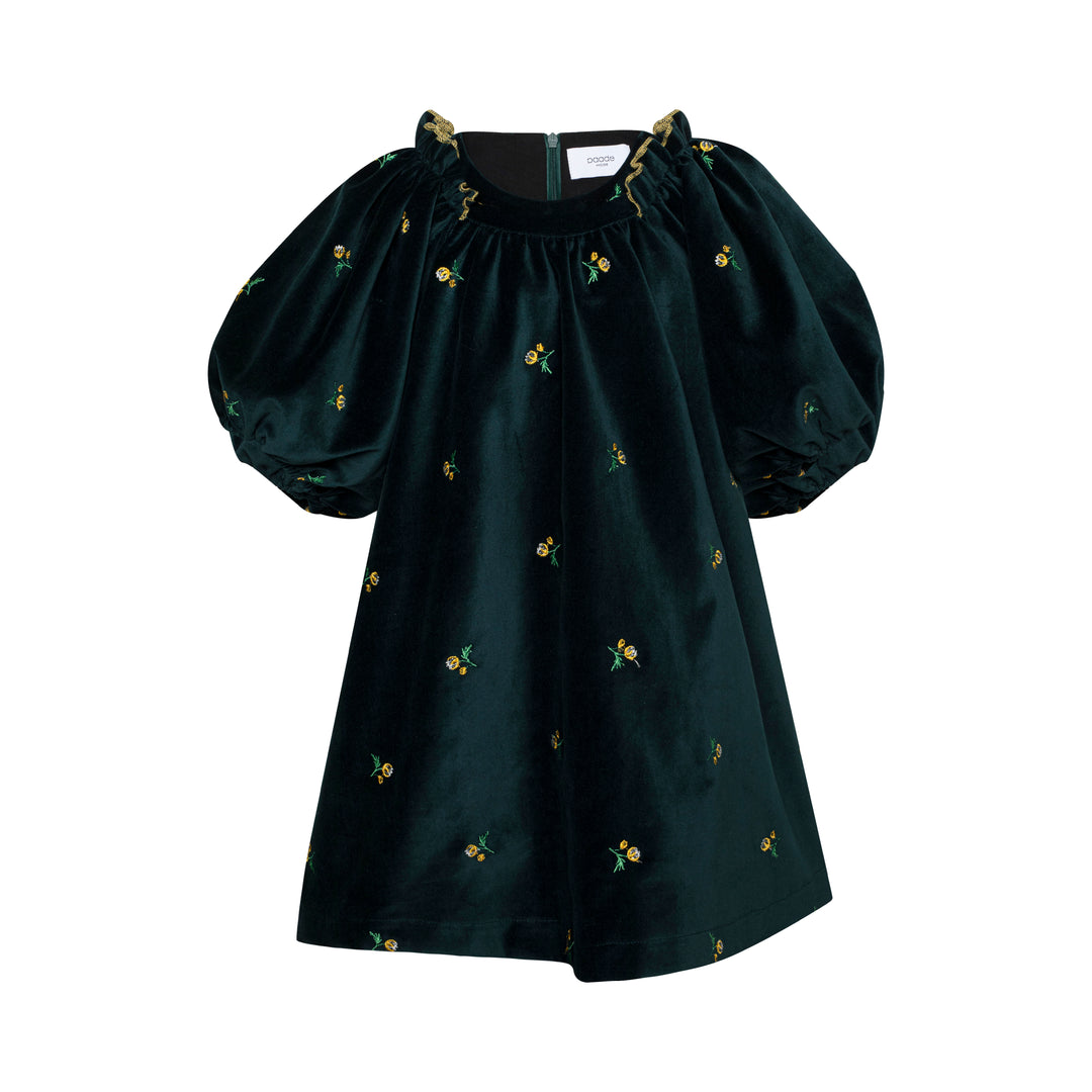 COTTON VELVET DRESS PUFF SLV EMERALD-Green