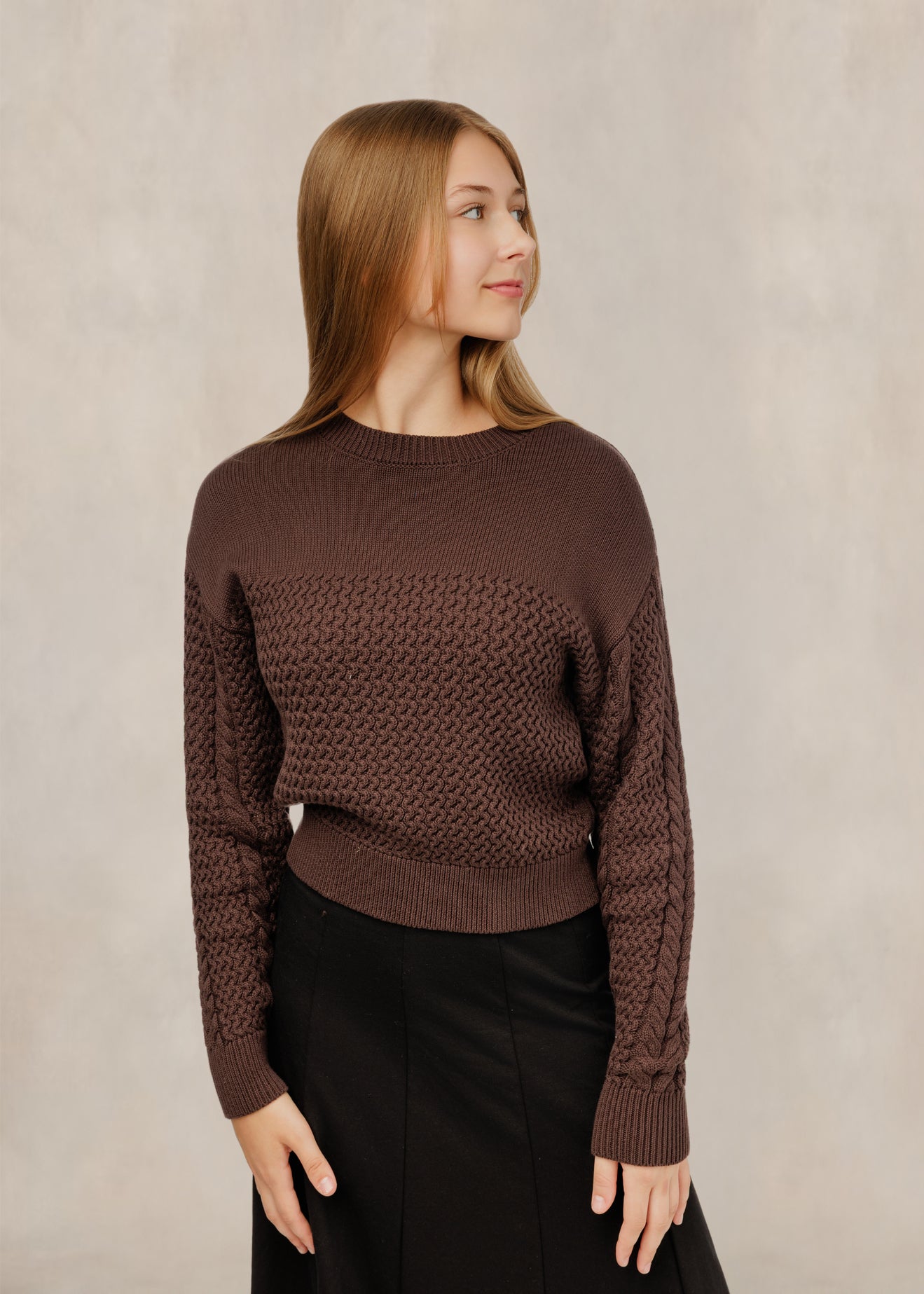 TW61086T-A Brown Textured Knit Crew Neck Sweater – whoopikids