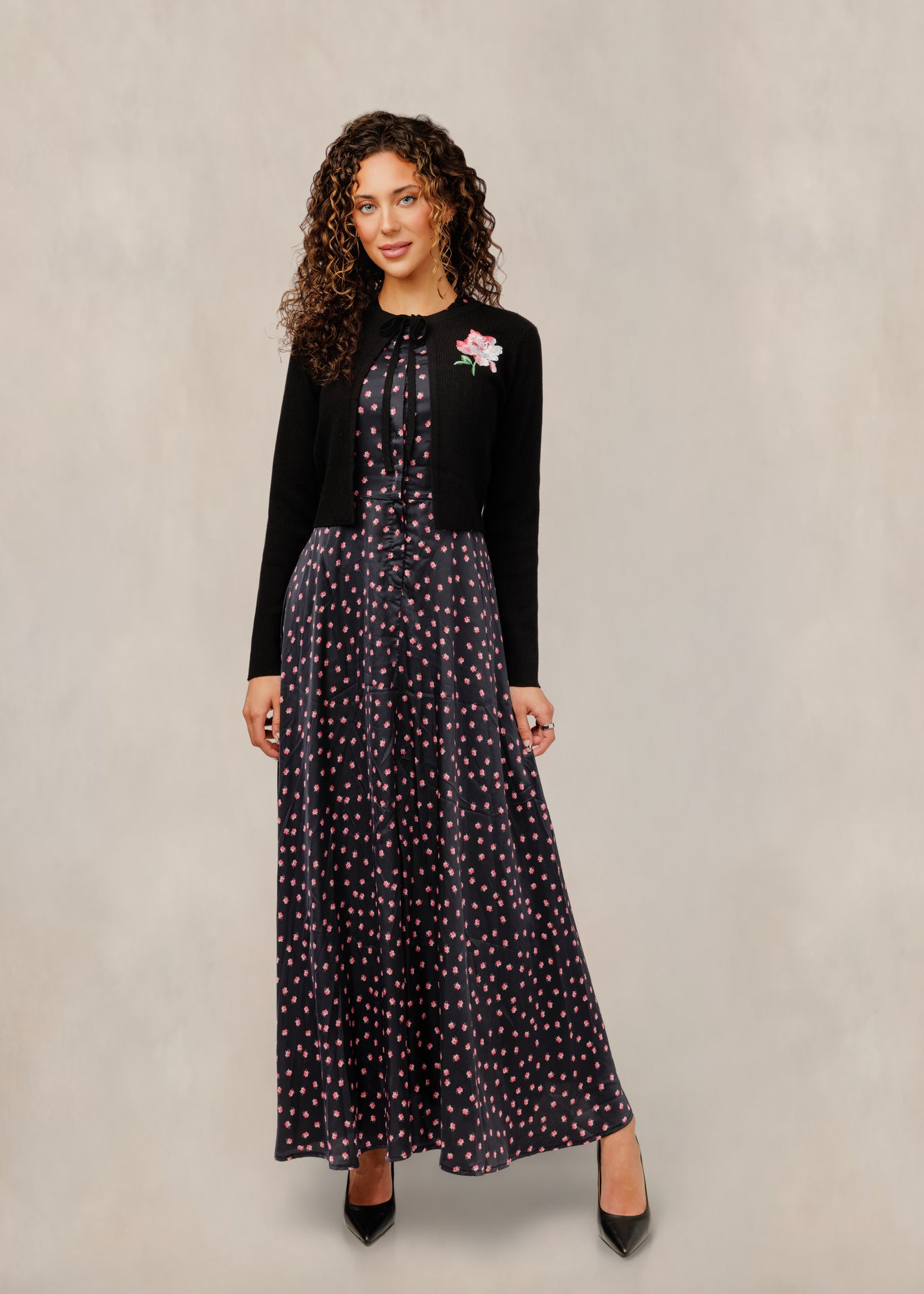 WW61915D-A Mini Floral Black Dress W/ Embroidered Cardigan WW61915D-A Mini Floral Black Dress W/ Embroidered Cardigan