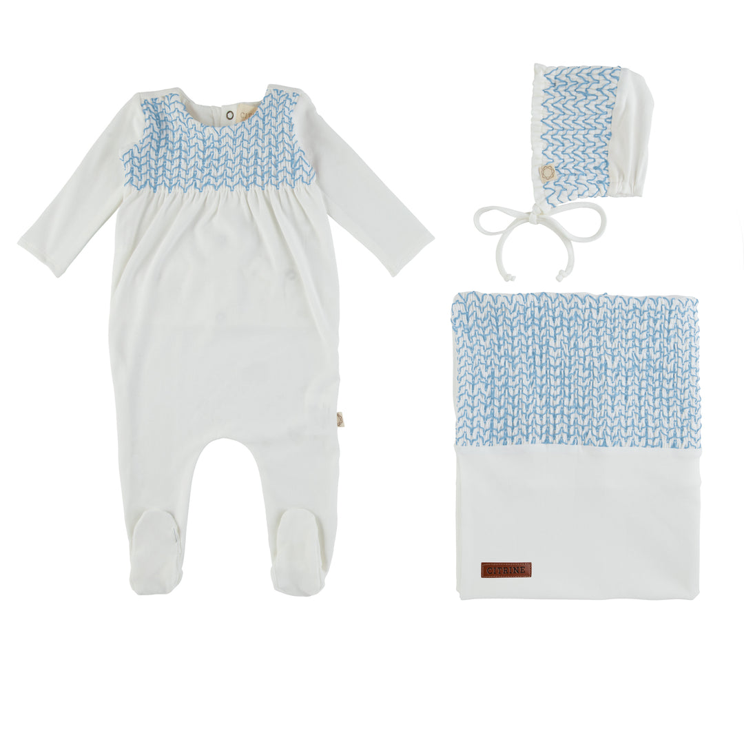 Wider Smocked Set White/Light Blue