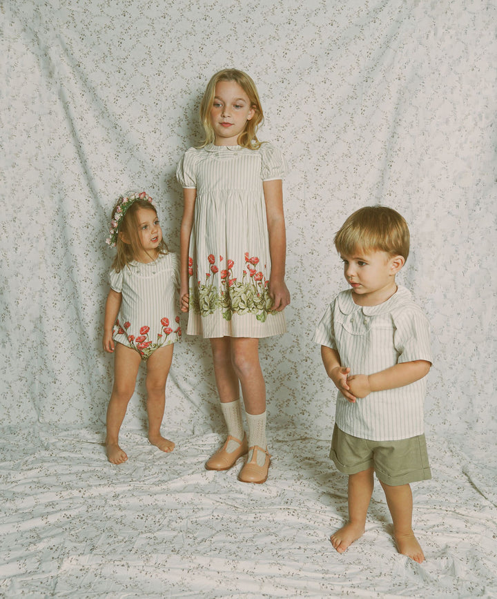 C-26517-Striped Floral Collar Romper-White/Tan