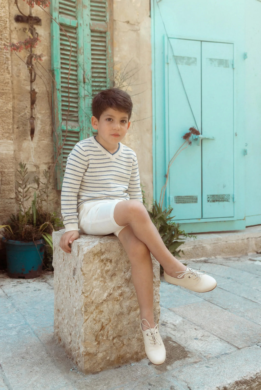 NKN443 STRIPED LS KNIT-DUSTY BLUE