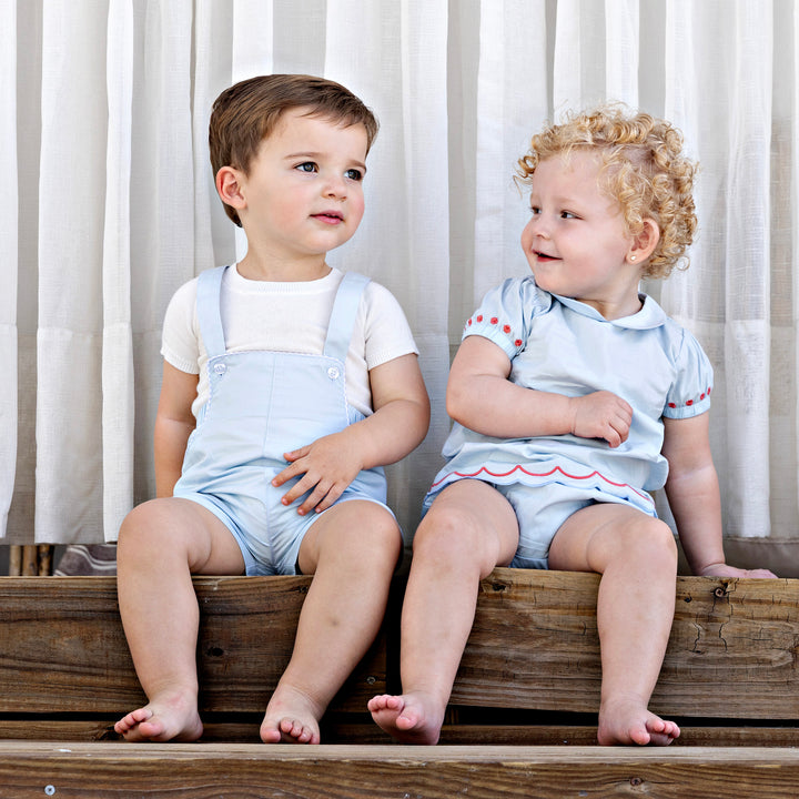 30966-Checked Trim Overalls -French Blue