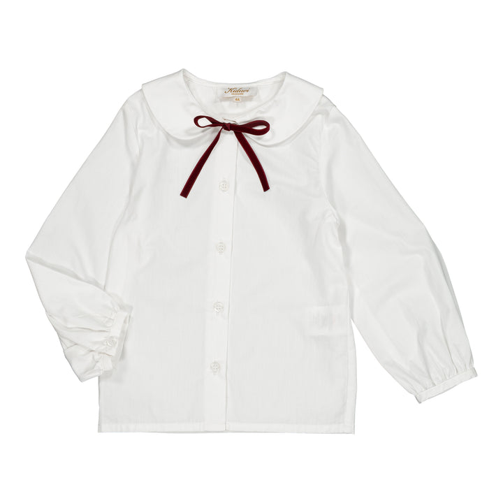 10032 OCTAVIA GIRL BLOUSE - WHITE POPLIN WITH BURGUNDY RIBBON