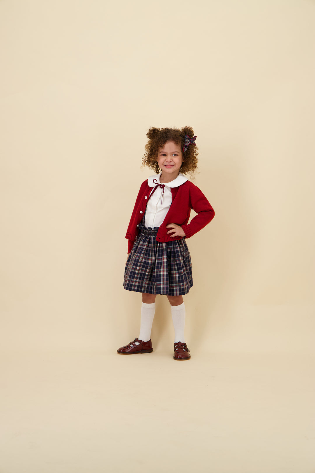 37273 LOUISE SMOCKED SKIRT - NAVY BLUE AND RED BURGUNDY TARTAN