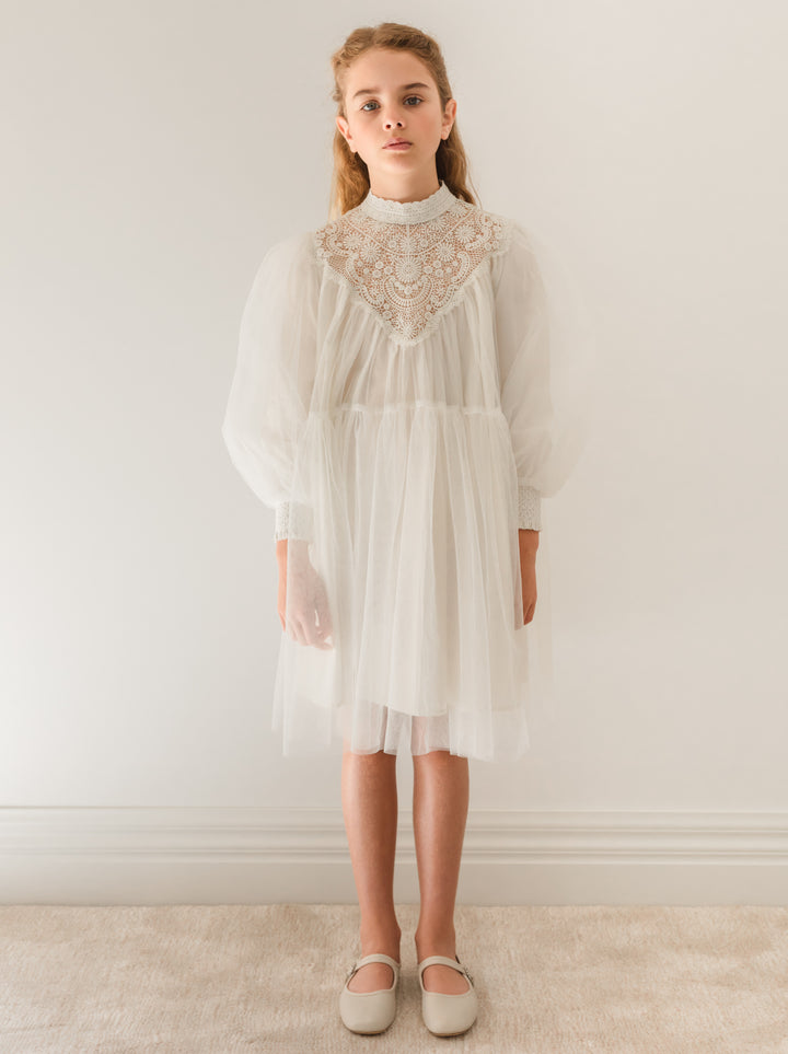 1159-Lace Applique Tulle Baydoll Dress-Ivory