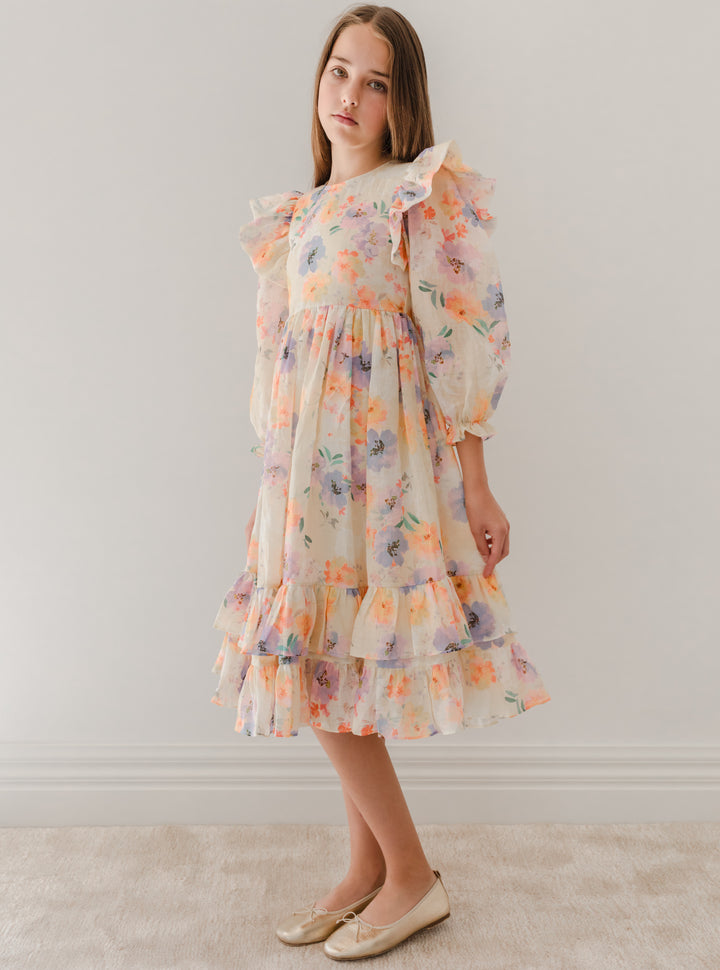 1175-Watercolour Printed Linen Dress-Water Floral
