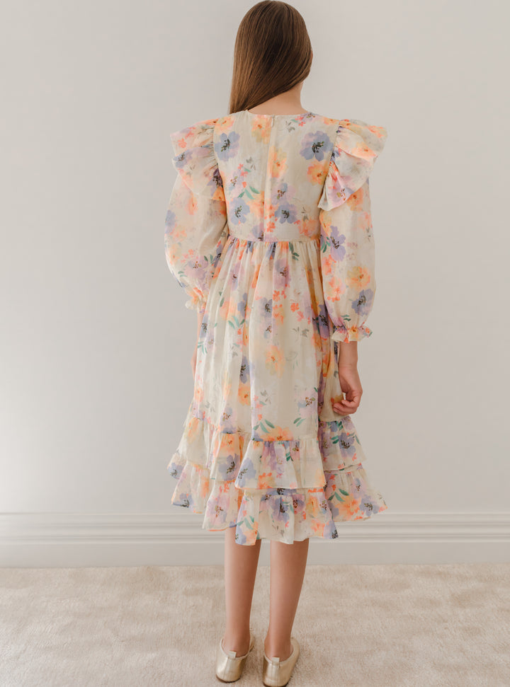 1175-Watercolour Printed Linen Dress-Water Floral