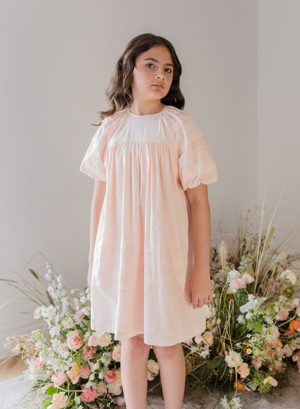 1177-Pleat Smock Voile Dress-Shell Pink