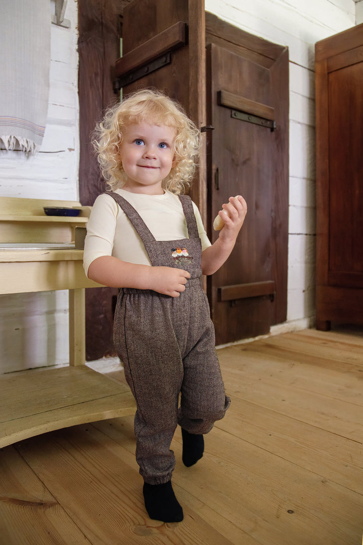 BBB969 BIRD EMBROIDERED BIB GIRLS ROMPER - BROWN