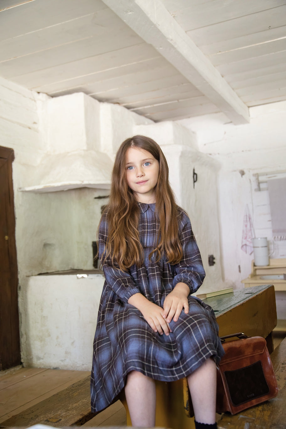 BDR992 PLAID DRESS WITH SOLID BIB - BROWN BLUE