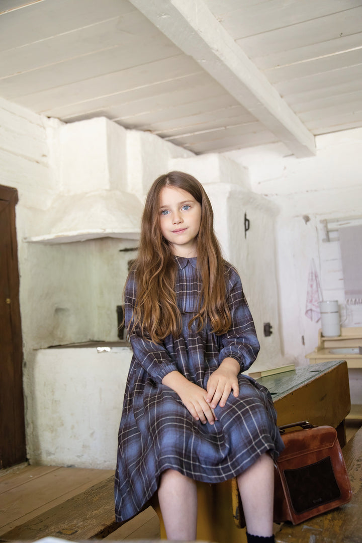 BDR992 PLAID DRESS WITH SOLID BIB - BROWN BLUE