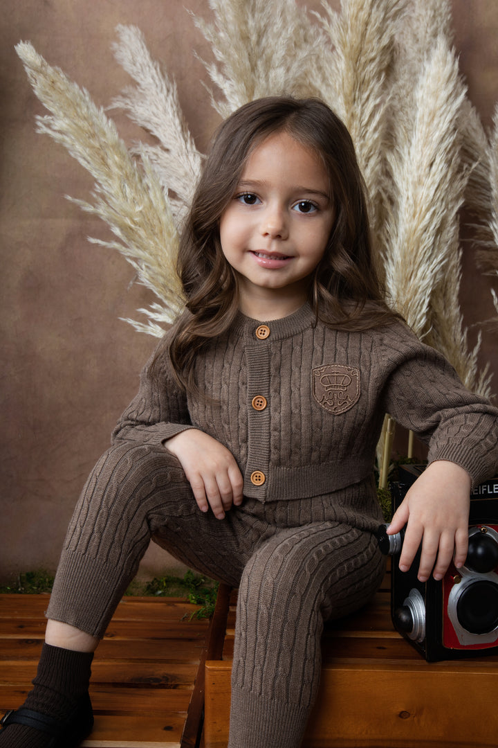 BKN636-Baby overall with cable cardigan-MOCHA