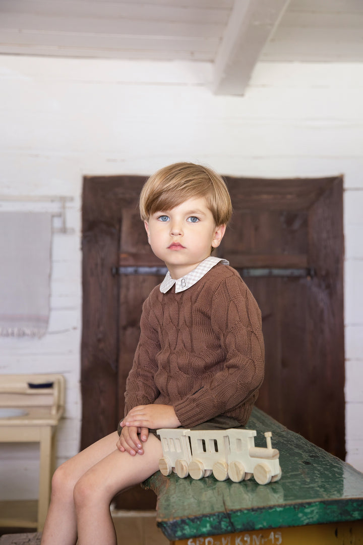 BKN954 CABLE KNIT SWEATER WITH SLEEVE BADGE - MOCHA