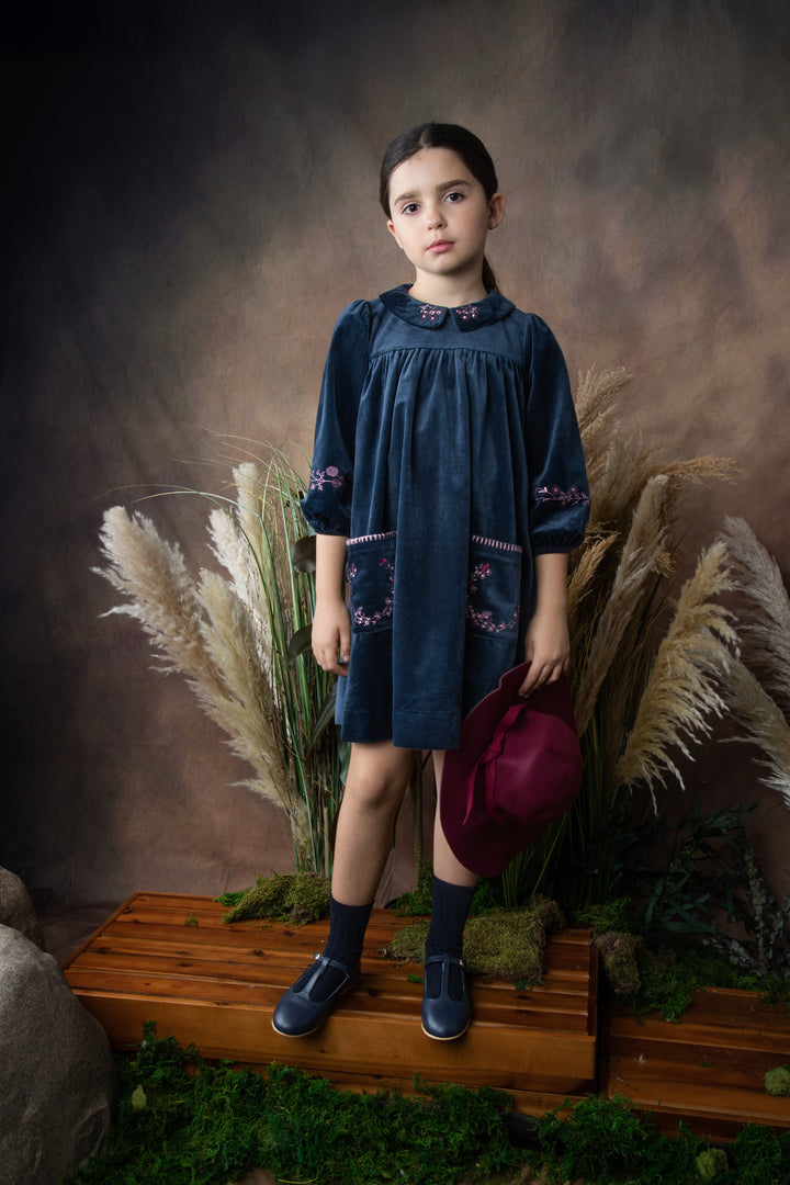 BDR619-Velvet corduroy dress with embroidered floral crest-NAVY