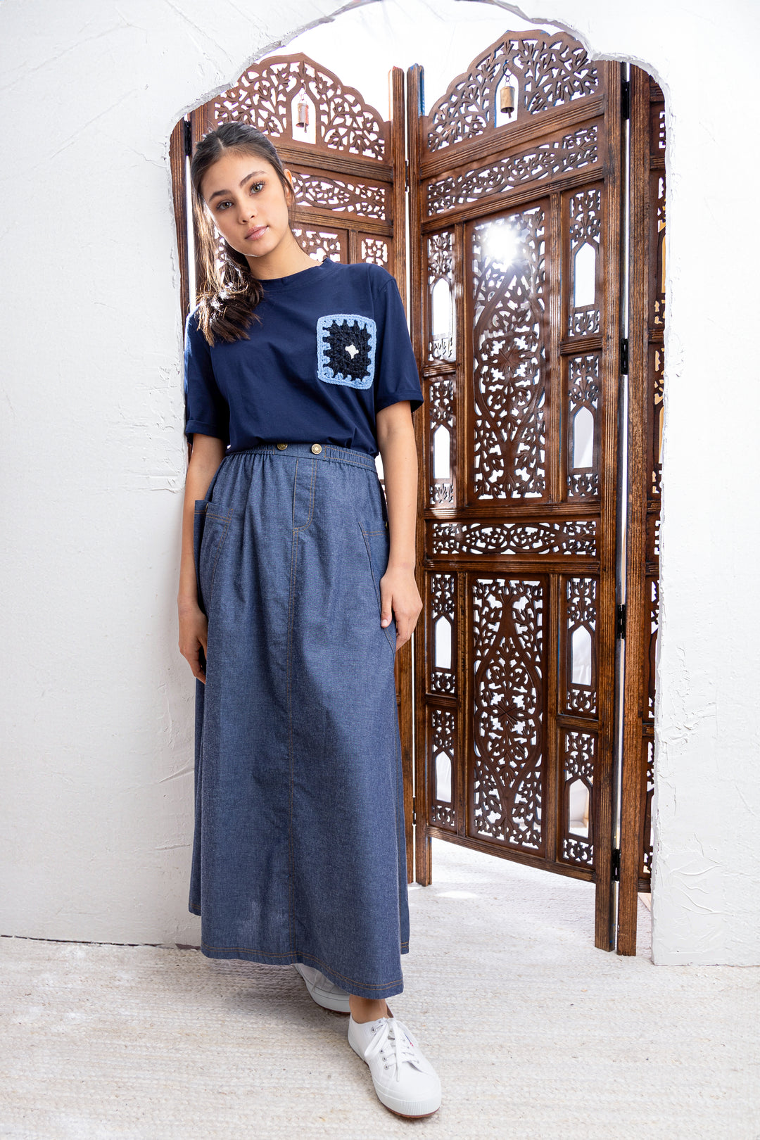 HSK142-DOUBLE STITCH DETAIL SKIRT-Chambray Blue