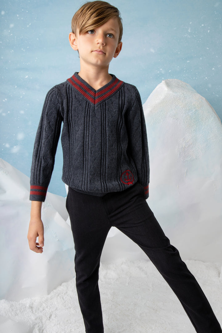 NKN142-Textured knit with neck stripe-CHARCOAL