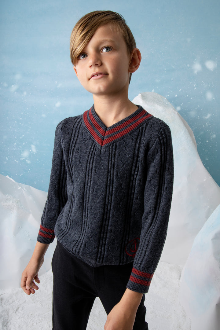 NKN142-Textured knit with neck stripe-CHARCOAL