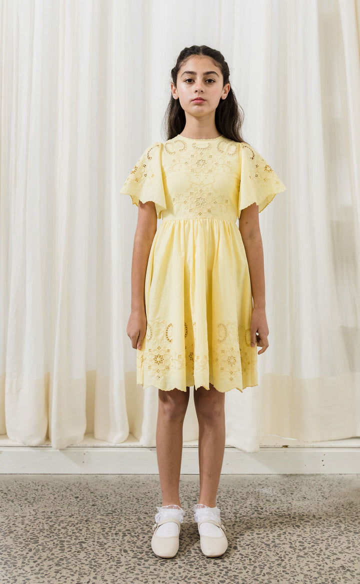 1184-Embroiderd Lemon Linen Dress-Lemon
