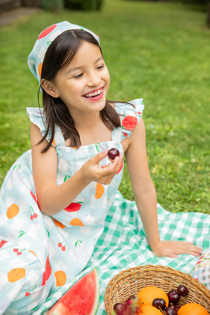 LINEN PICNIC PRINT RUFFLE DRESS-Natural/Multi Blue-Natural/Multi Blue