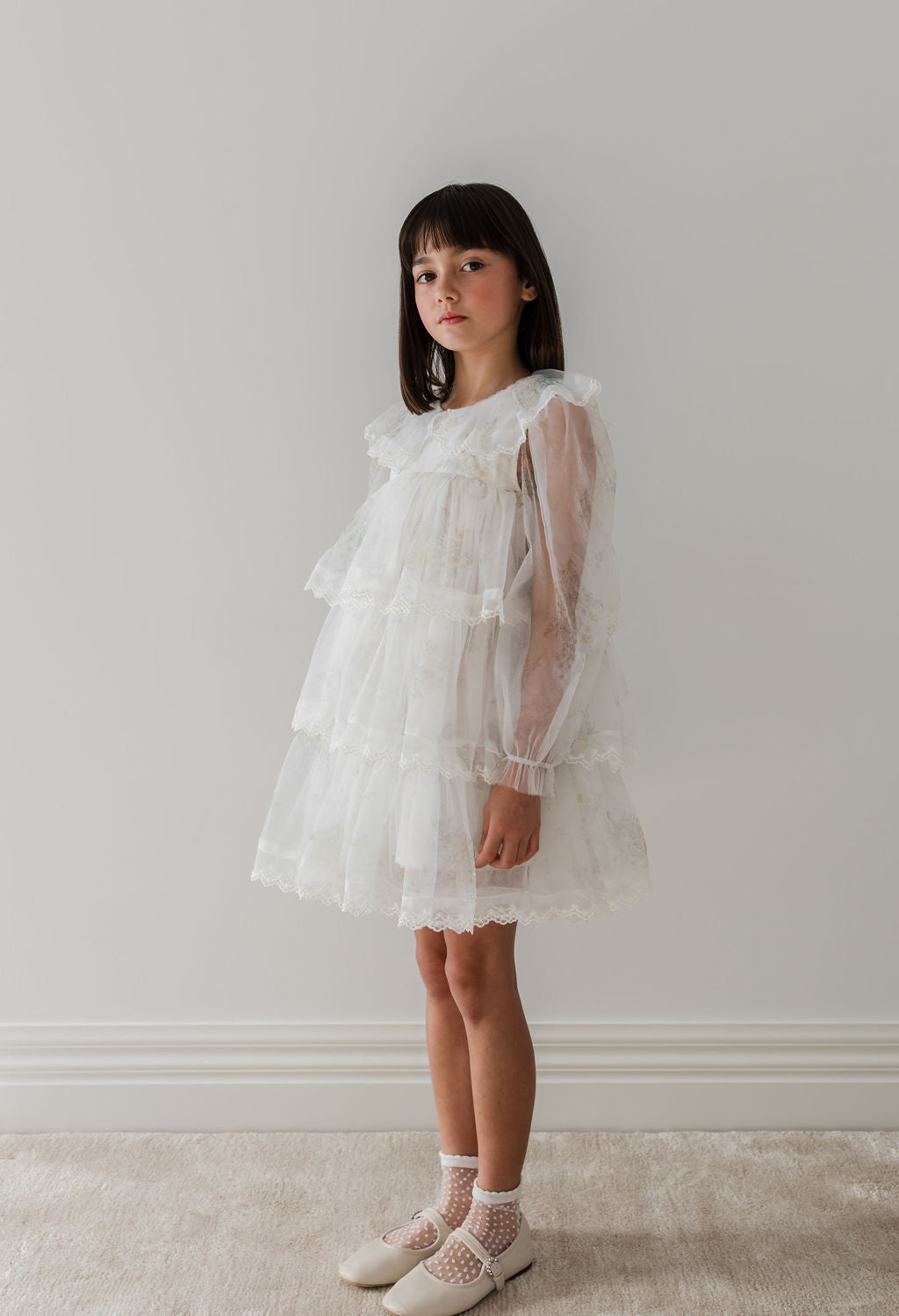 1209D ELBOW-Elbow Slv Spring Meadow Tulle Dress-Spring Meadow Print 3/4 sleeve