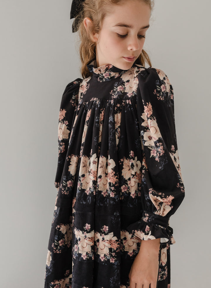 EXCLUSIVE REORDER 1218-Black Bouquet Print Cord Dress FINAL SALE