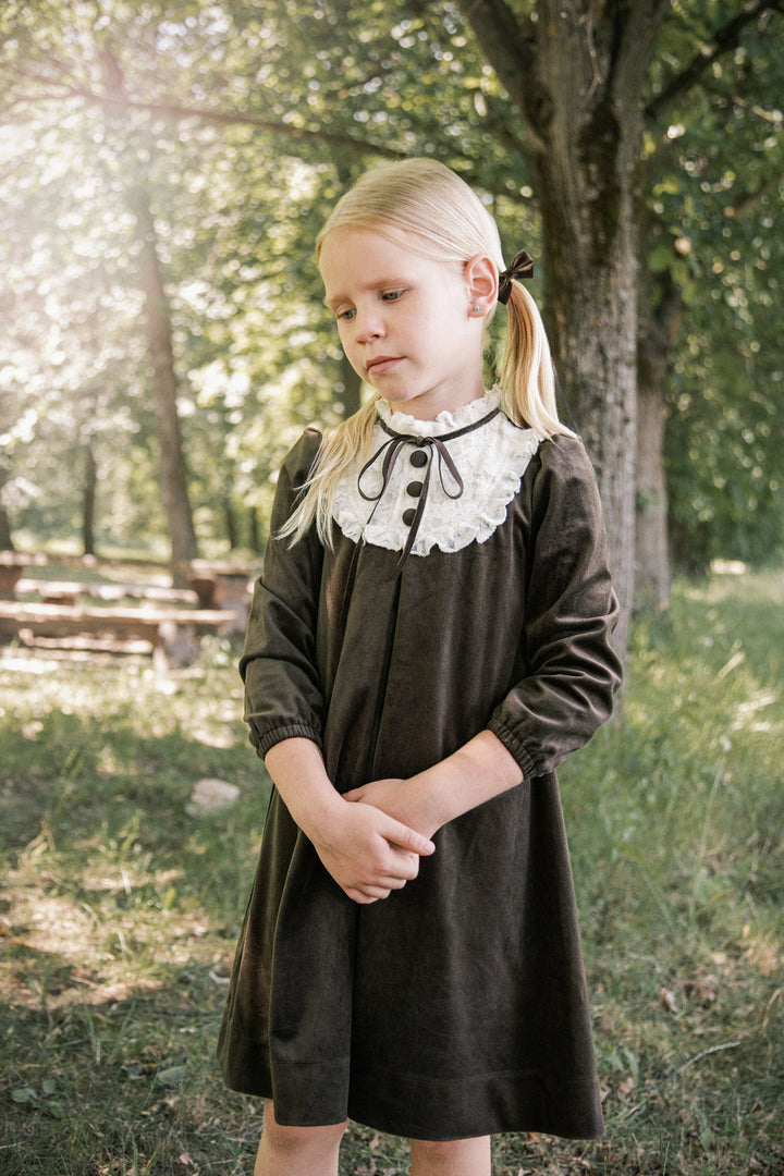 NDR612 VELVET DRESS WITH LACE BIB - MOCHA