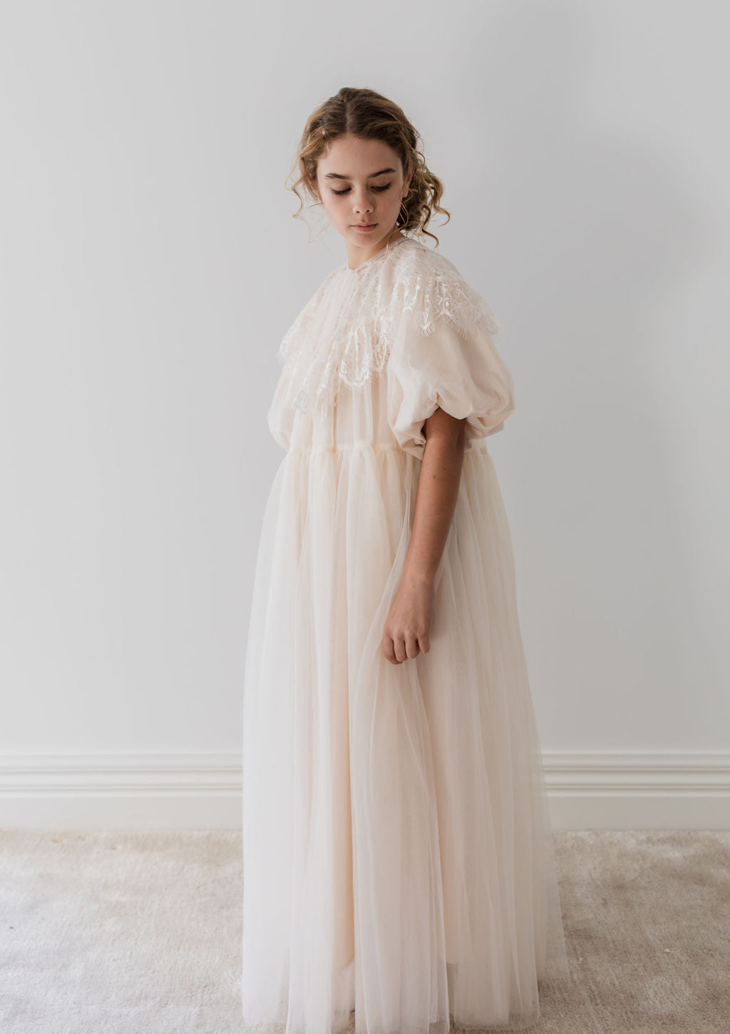 1232B-CUSTOM Lace Collar Tulle Midi Dress-Cream whoopikids 1232B-CUSTOM Lace Collar Tulle Midi Dress-Cream whoopikids