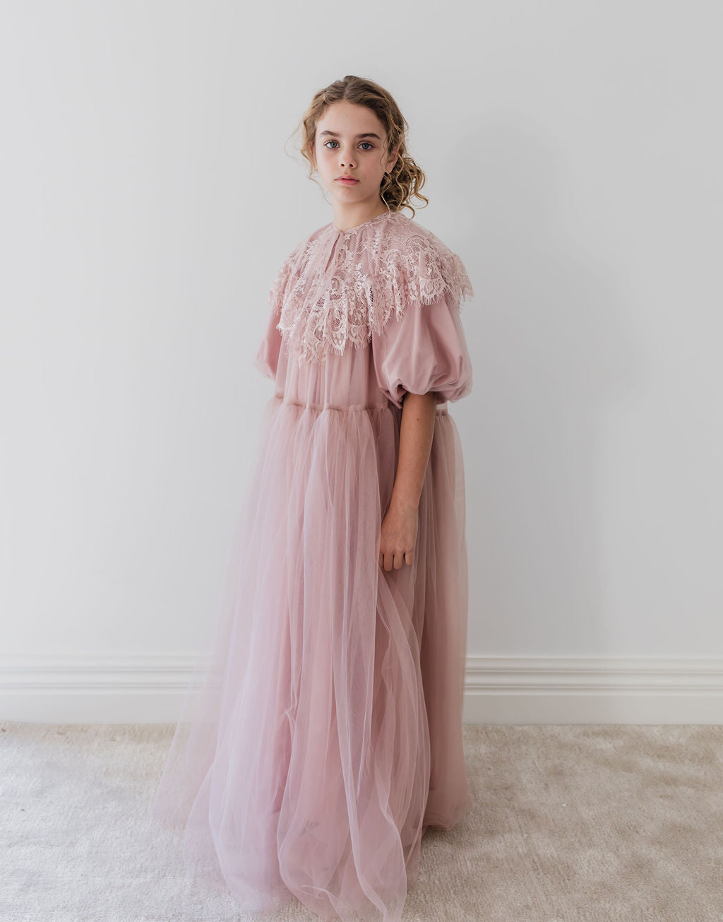 1232B-CUSTOM Lace Collar Tulle Midi Dress-Mauve